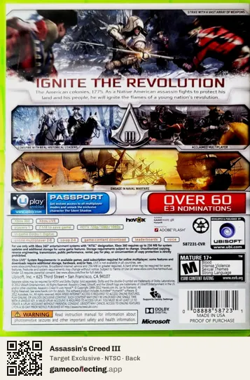 Assassin's Creed III Xbox 360, NTSC box back