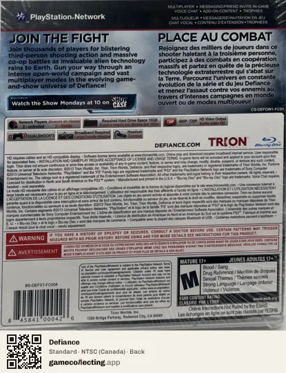 Defiance PlayStation 3, Canada box back