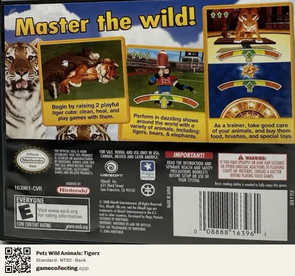 Petz Wild Animals: Tigerz Nintendo DS, NTSC box back