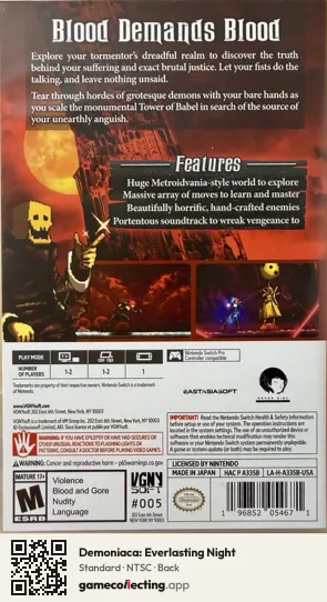 Demoniaca: Everlasting Night Nintendo Switch, NTSC box back