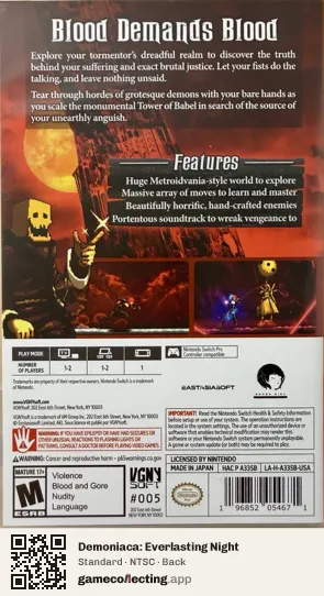 Demoniaca: Everlasting Night Nintendo Switch, NTSC box back