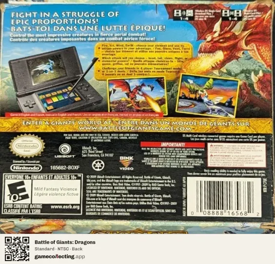Battle of Giants: Dragons Nintendo DS, NTSC box back