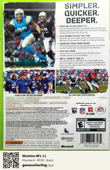 Madden NFL 11 Xbox 360, NTSC box back