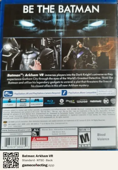 Batman: Arkham VR PlayStation 4, NTSC box back