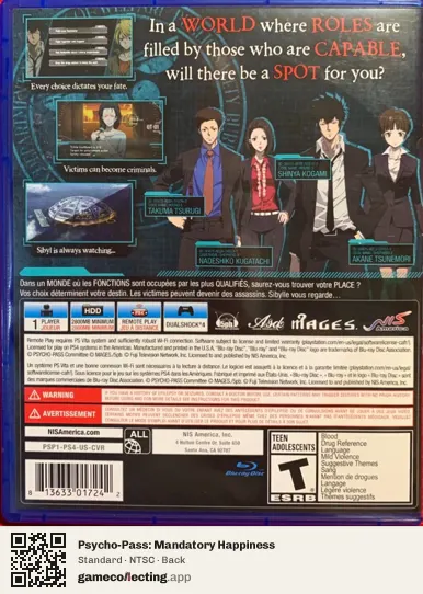 Psycho-Pass: Mandatory Happiness PlayStation 4, NTSC box back