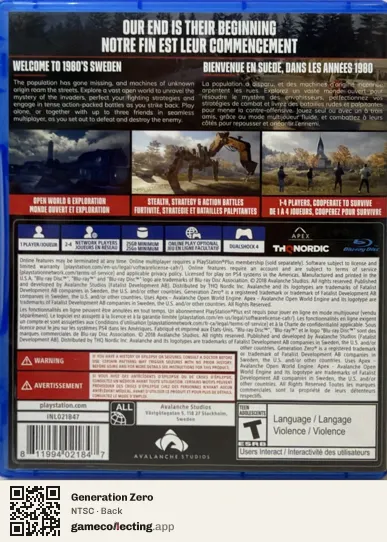 Generation Zero PlayStation 4, NTSC box back