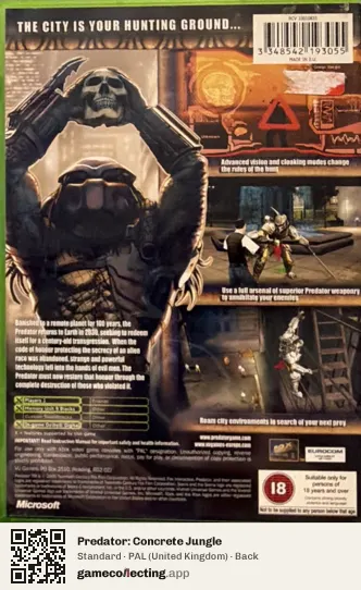 Predator: Concrete Jungle Xbox, United Kingdom box back