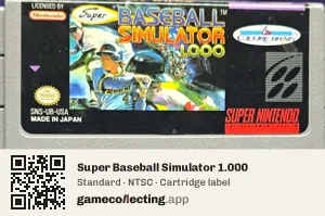 Super Baseball Simulator 1.000 Super Nintendo Entertainment System, NTSC cartridge label