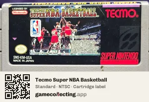 Tecmo Super NBA Basketball Super Nintendo Entertainment System, NTSC cartridge label