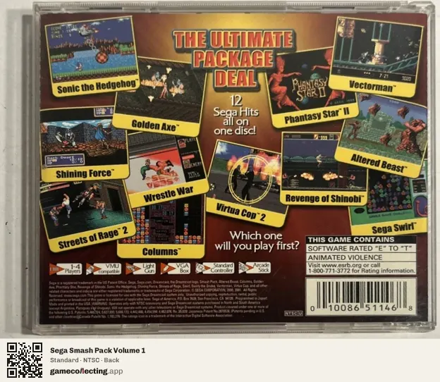 Sega Smash Pack Volume 1 Sega Dreamcast, NTSC box back