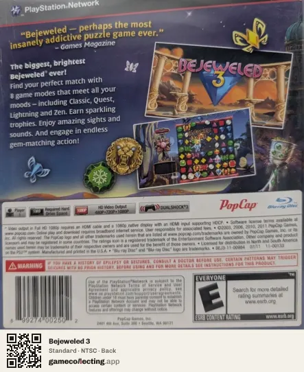 Bejeweled 3 PlayStation 3, NTSC box back
