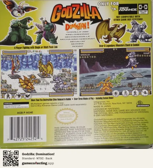 Godzilla: Domination! Game Boy Advance, NTSC box back