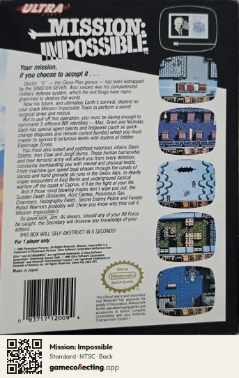 Mission: Impossible Nintendo Entertainment System, NTSC box back