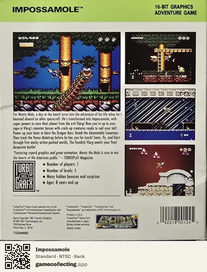 Impossamole TurboGrafx-16, NTSC box back
