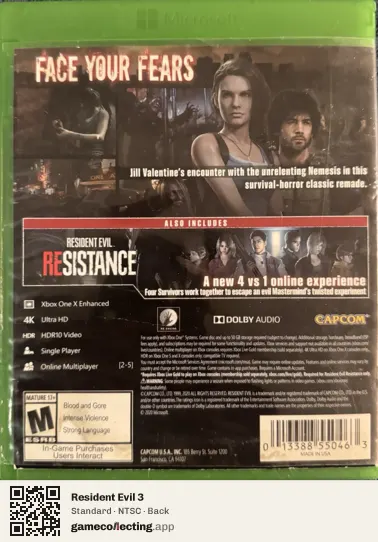 Resident Evil 3 Xbox One, NTSC box back