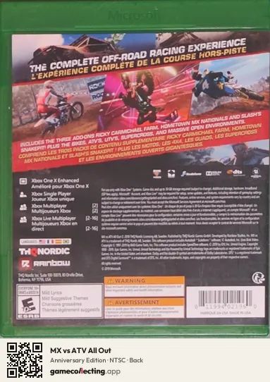 MX vs ATV All Out Xbox One, NTSC box back