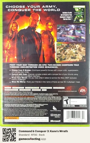 Command & Conquer 3: Kane's Wrath Xbox 360, NTSC box back