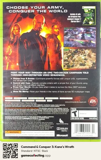 Command & Conquer 3: Kane's Wrath Xbox 360, NTSC box back