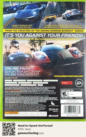Need for Speed: Hot Pursuit Xbox 360, NTSC box back