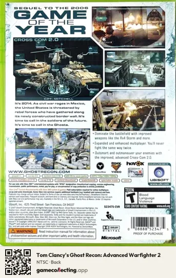 Tom Clancy's Ghost Recon: Advanced Warfighter 2 Xbox 360, NTSC box back