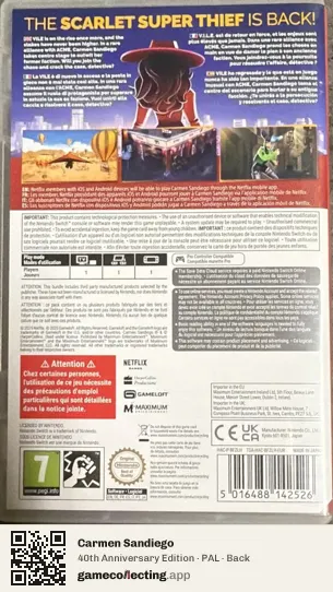 Carmen Sandiego Nintendo Switch, PAL box back