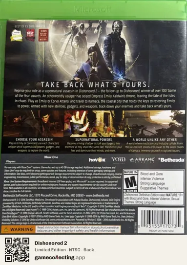 Dishonored 2 Xbox One, NTSC box back