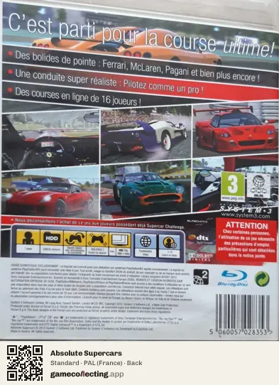 Absolute Supercars PlayStation 3, France box back