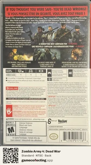 Zombie Army 4: Dead War Nintendo Switch, NTSC box back