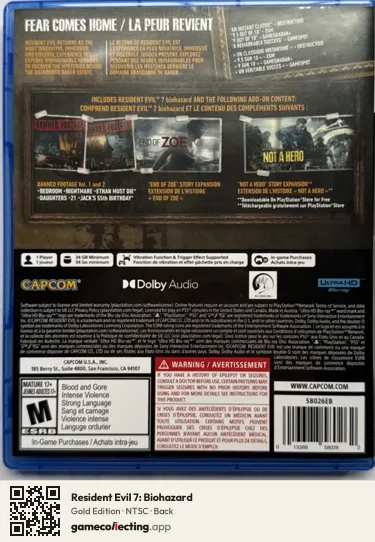 Resident Evil 7: Biohazard PlayStation 5, NTSC box back
