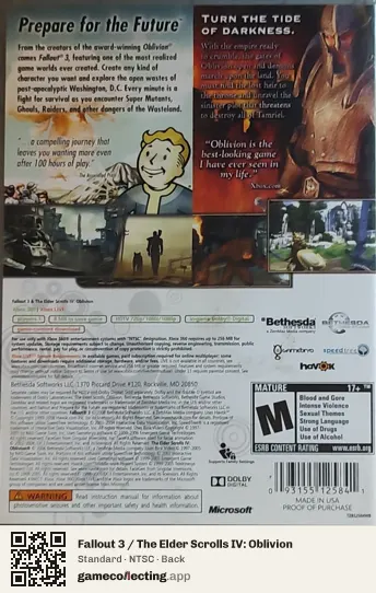 Fallout 3 / The Elder Scrolls IV: Oblivion Xbox 360, NTSC box back