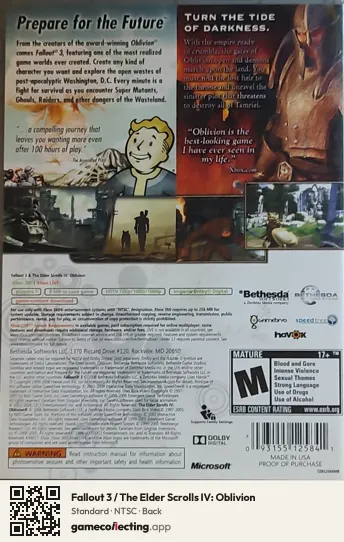 Fallout 3 / The Elder Scrolls IV: Oblivion Xbox 360, NTSC box back
