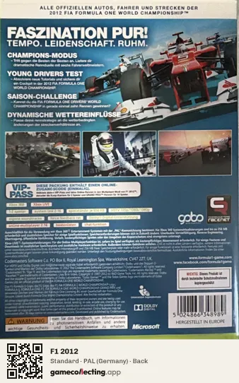 F1 2012 Xbox 360, Germany box back