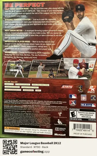 Major League Baseball 2K12 Xbox 360, NTSC box back