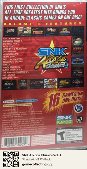 SNK Arcade Classics Vol. 1 PlayStation Portable, NTSC box back