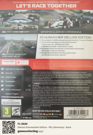 F1 2020 Xbox One, Germany box back