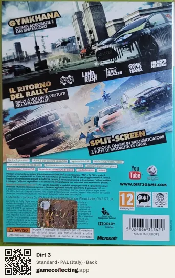Dirt 3 Xbox 360, Italy box back