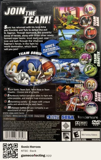 Sonic Heroes PlayStation 2, NTSC box back