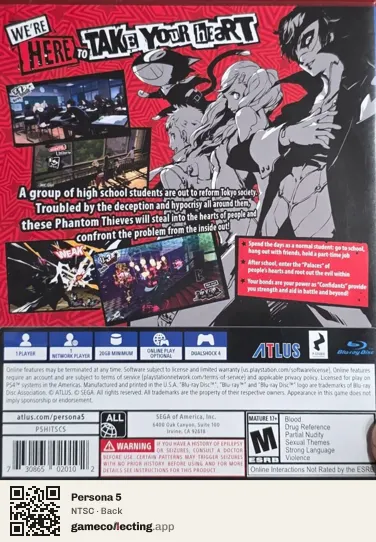 Persona 5 PlayStation 4, NTSC box back