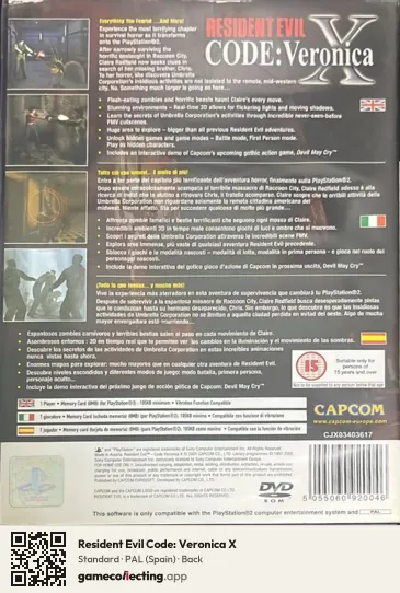 Resident Evil Code: Veronica X PlayStation 2, Spain box back