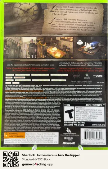Sherlock Holmes versus Jack the Ripper Xbox 360, NTSC box back