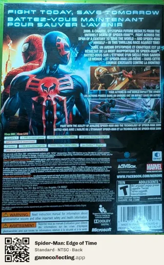 Spider-Man: Edge of Time Xbox 360, NTSC box back