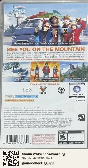 Shaun White Snowboarding PlayStation Portable, NTSC box back