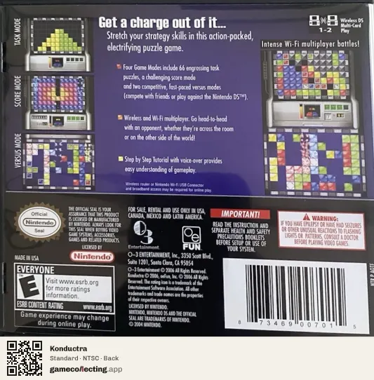 Konductra Nintendo DS, NTSC box back