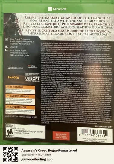 Assassin's Creed Rogue Remastered Xbox One, NTSC box back