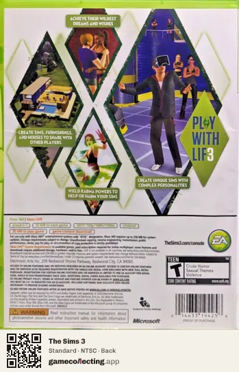 The Sims 3 Xbox 360, NTSC box back