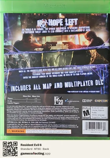 Resident Evil 6 Xbox One, NTSC box back