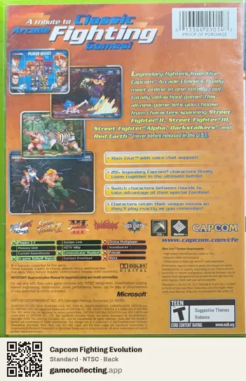 Capcom Fighting Evolution Xbox, NTSC box back