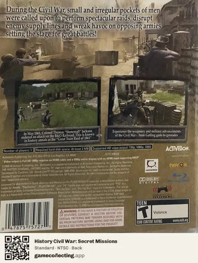 History Civil War: Secret Missions PlayStation 3, NTSC box back