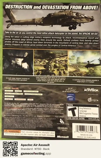 Apache: Air Assault Xbox 360, NTSC box back