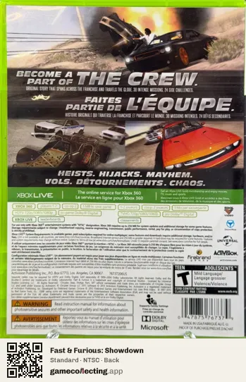 Fast & Furious: Showdown Xbox 360, NTSC box back